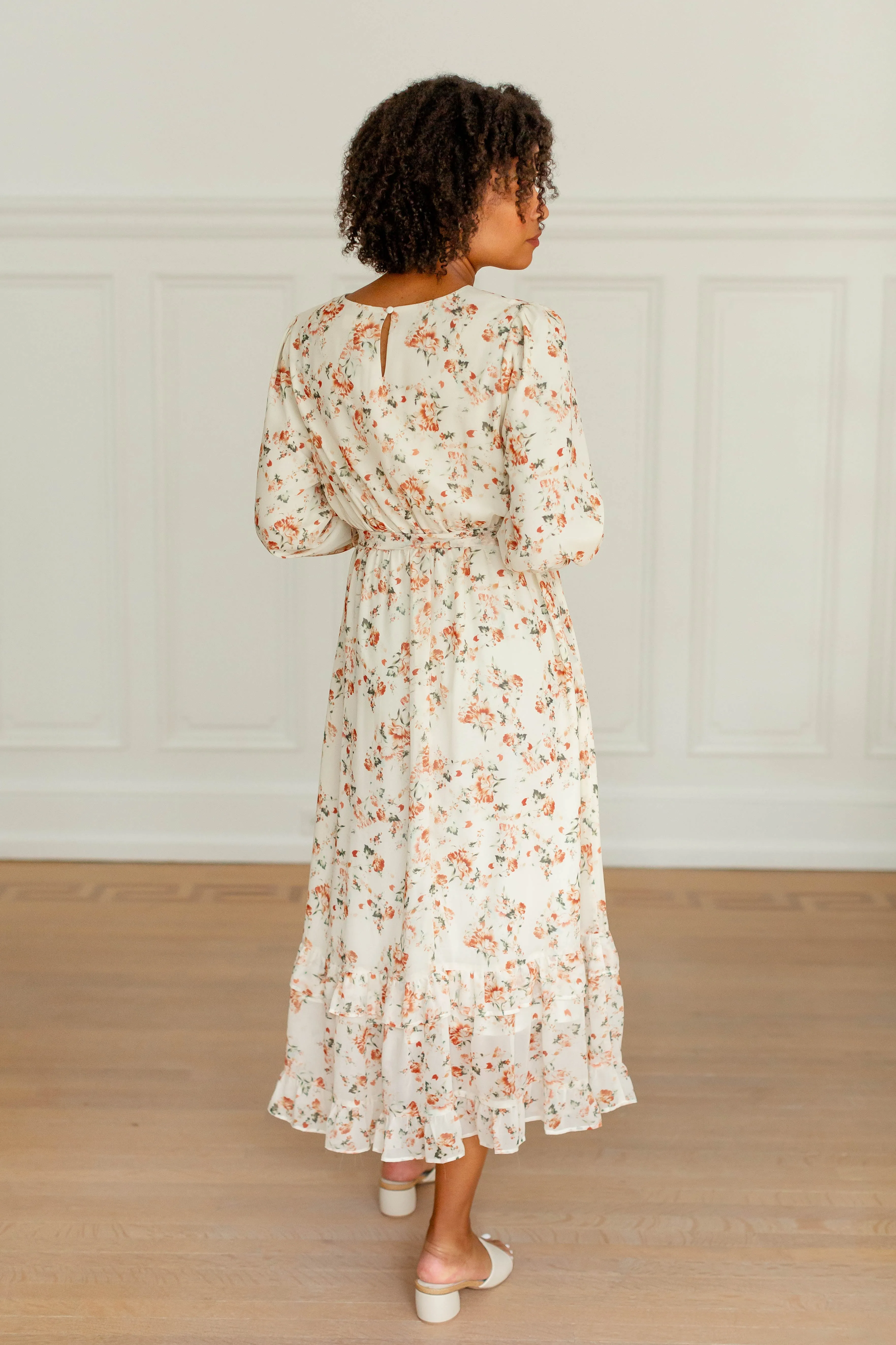 'Phyllis' Rust Floral Ruffle Hem Chiffon Dress in Cream