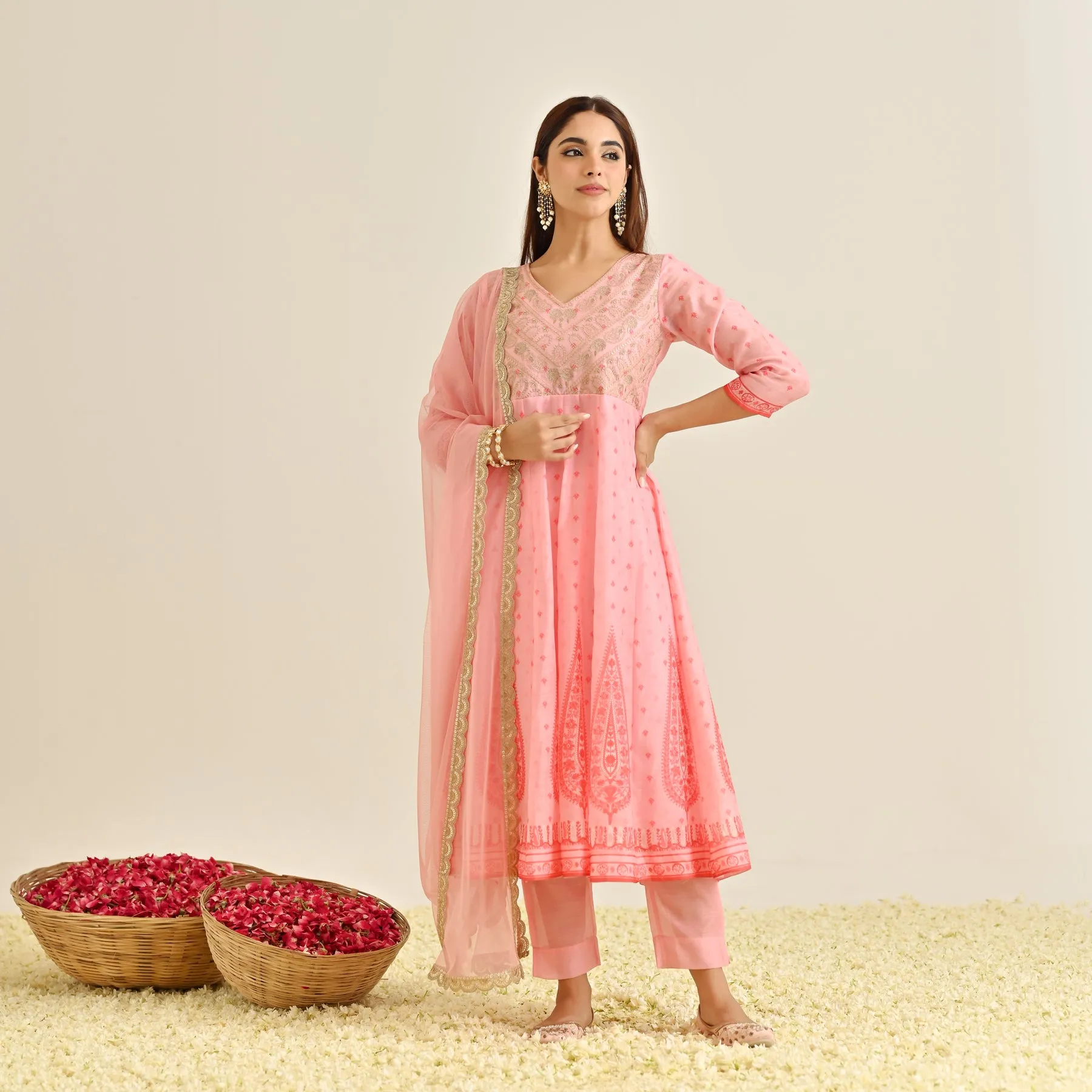 Pink Traditional Anarkali Set with Yoke Embroidery & Dupatta