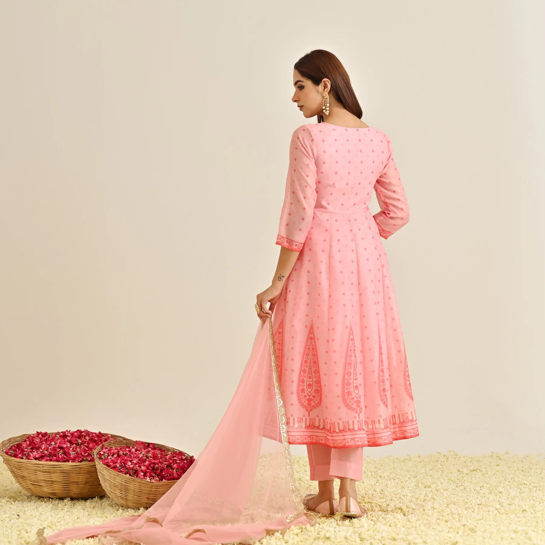 Pink Traditional Anarkali Set with Yoke Embroidery & Dupatta