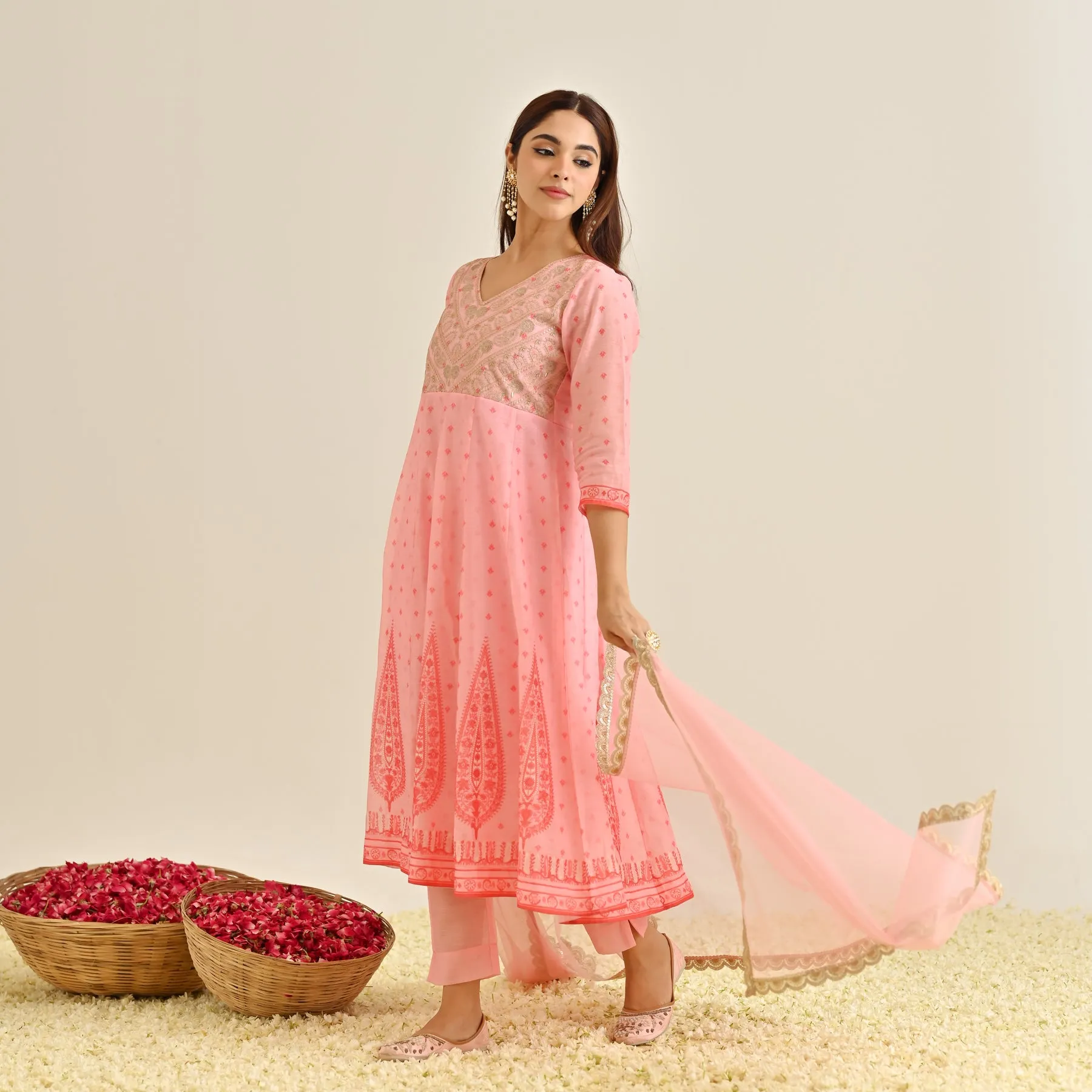Pink Traditional Anarkali Set with Yoke Embroidery & Dupatta