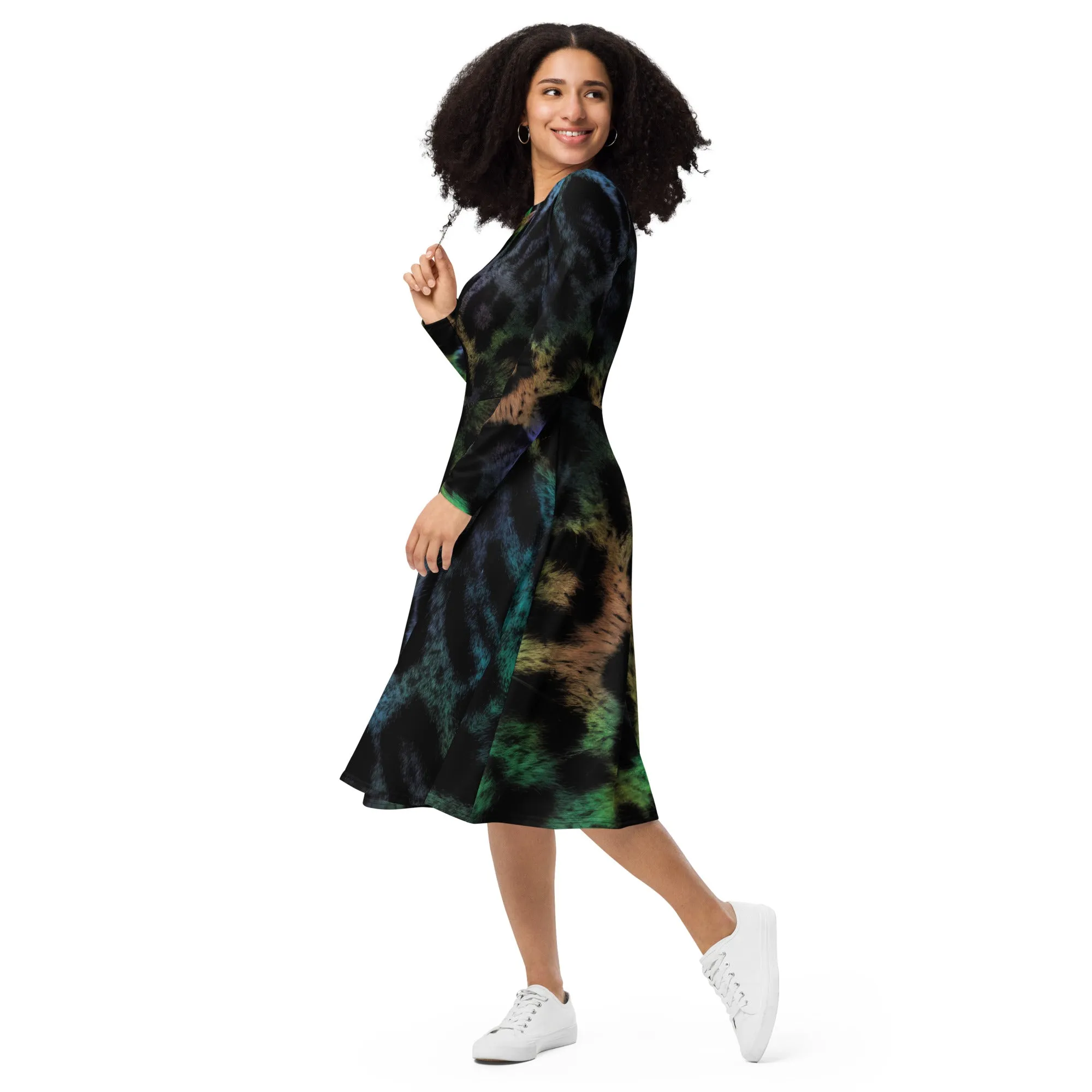 Rainbow Jaguar All-over print long sleeve midi dress