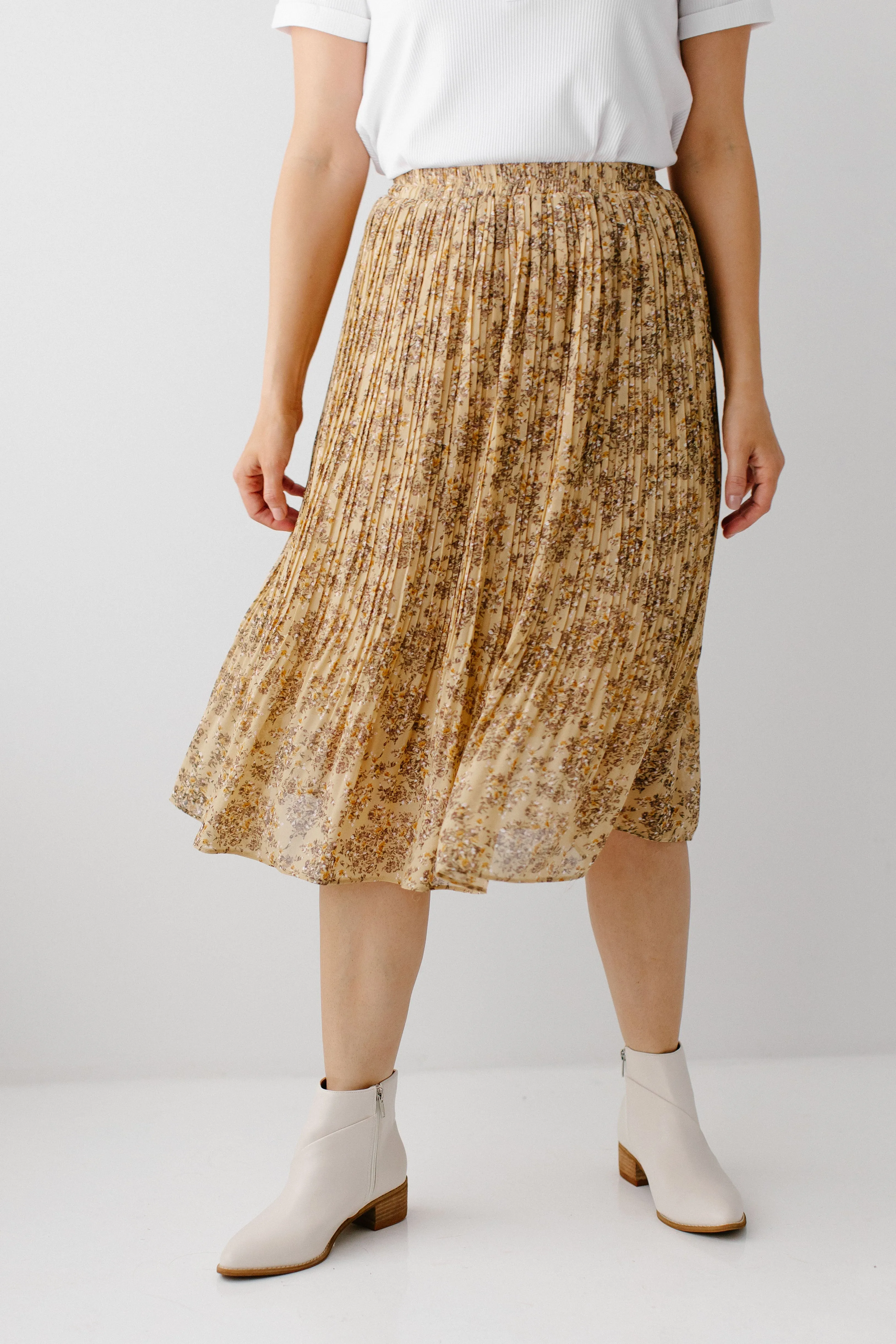 'Sariah' Floral Pleated Midi Skirt in Dusty Yellow FINAL SALE