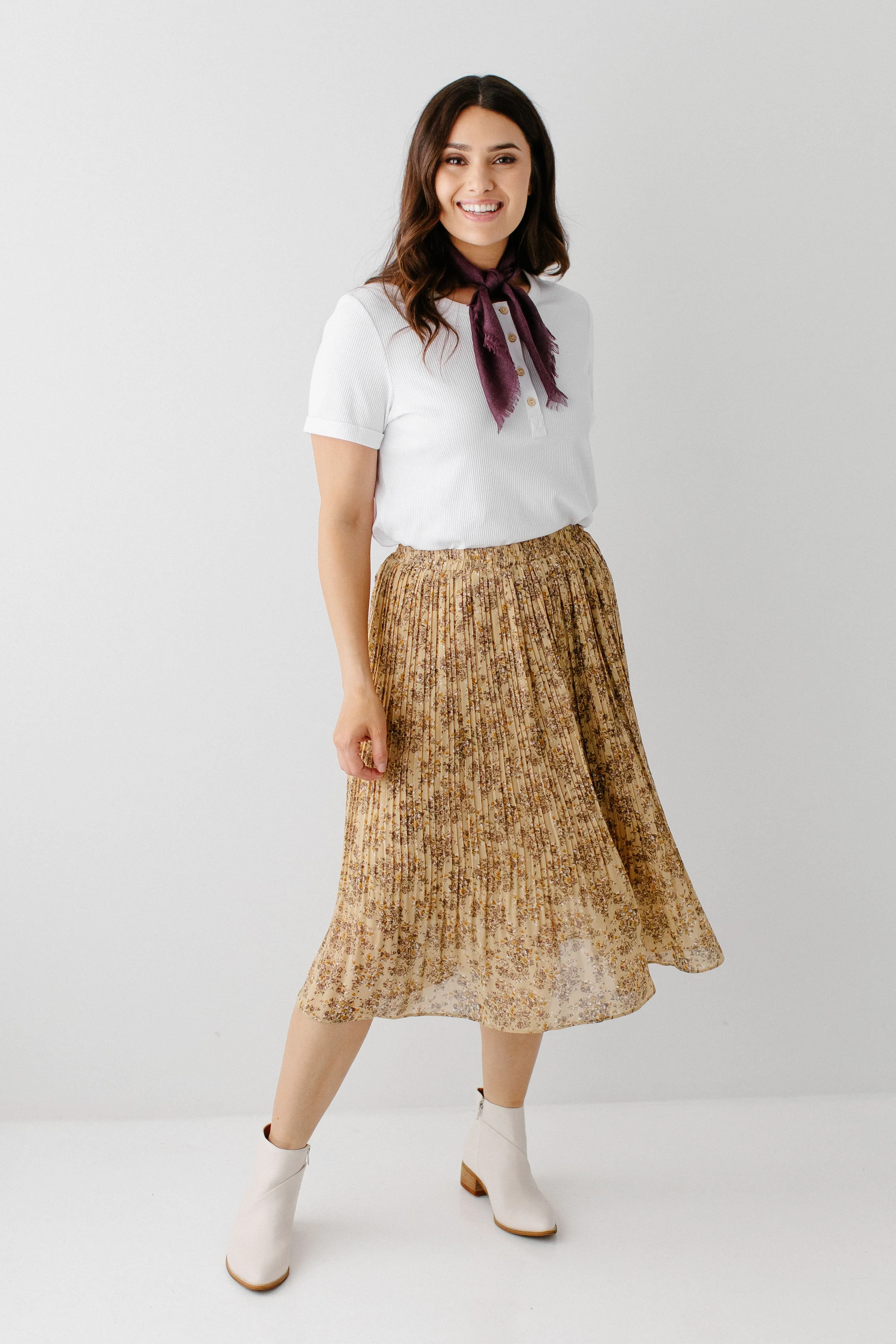 'Sariah' Floral Pleated Midi Skirt in Dusty Yellow FINAL SALE