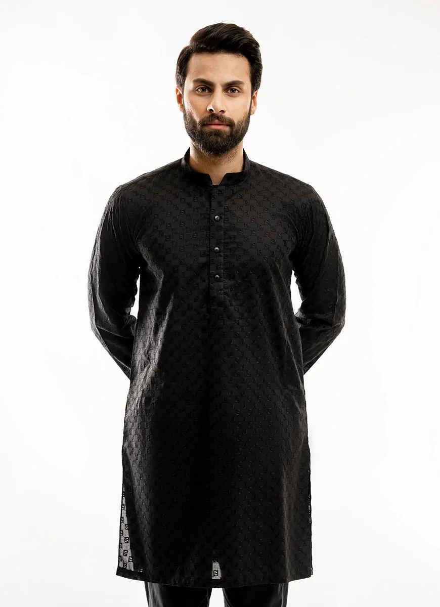 Schiffli Embroidered Black (Cube Pattern), 100% Cotton Short Kurta