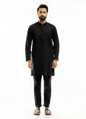 Schiffli Embroidered Black (Cube Pattern), 100% Cotton Short Kurta