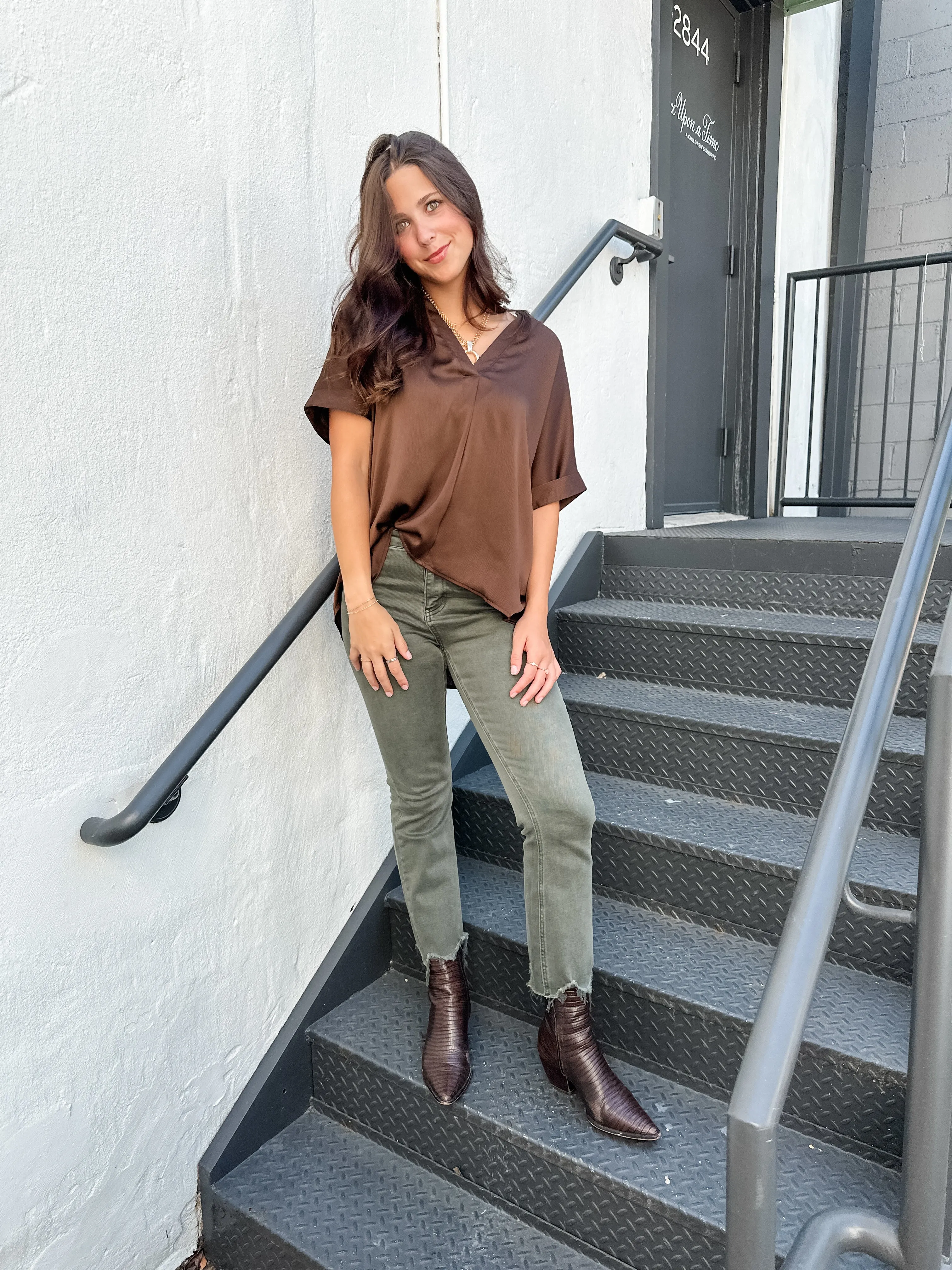 Silky V-Neck Cuffed Top