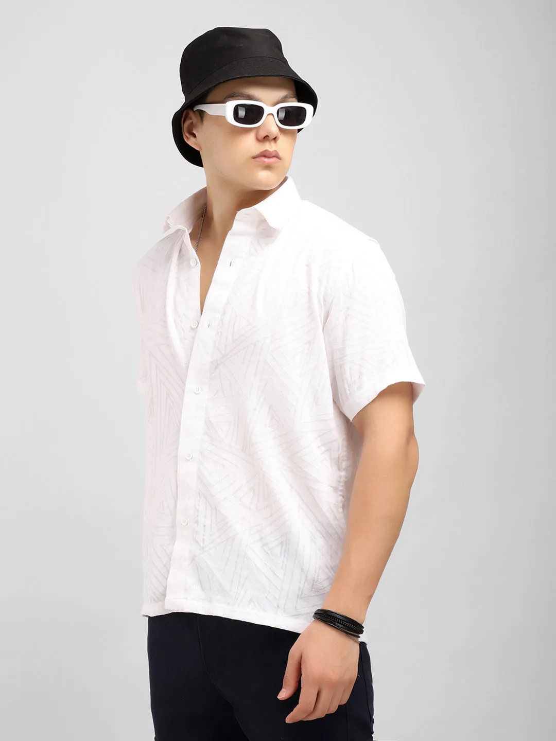 Slumberquilt White Self-Design Half Sleeve Shirt