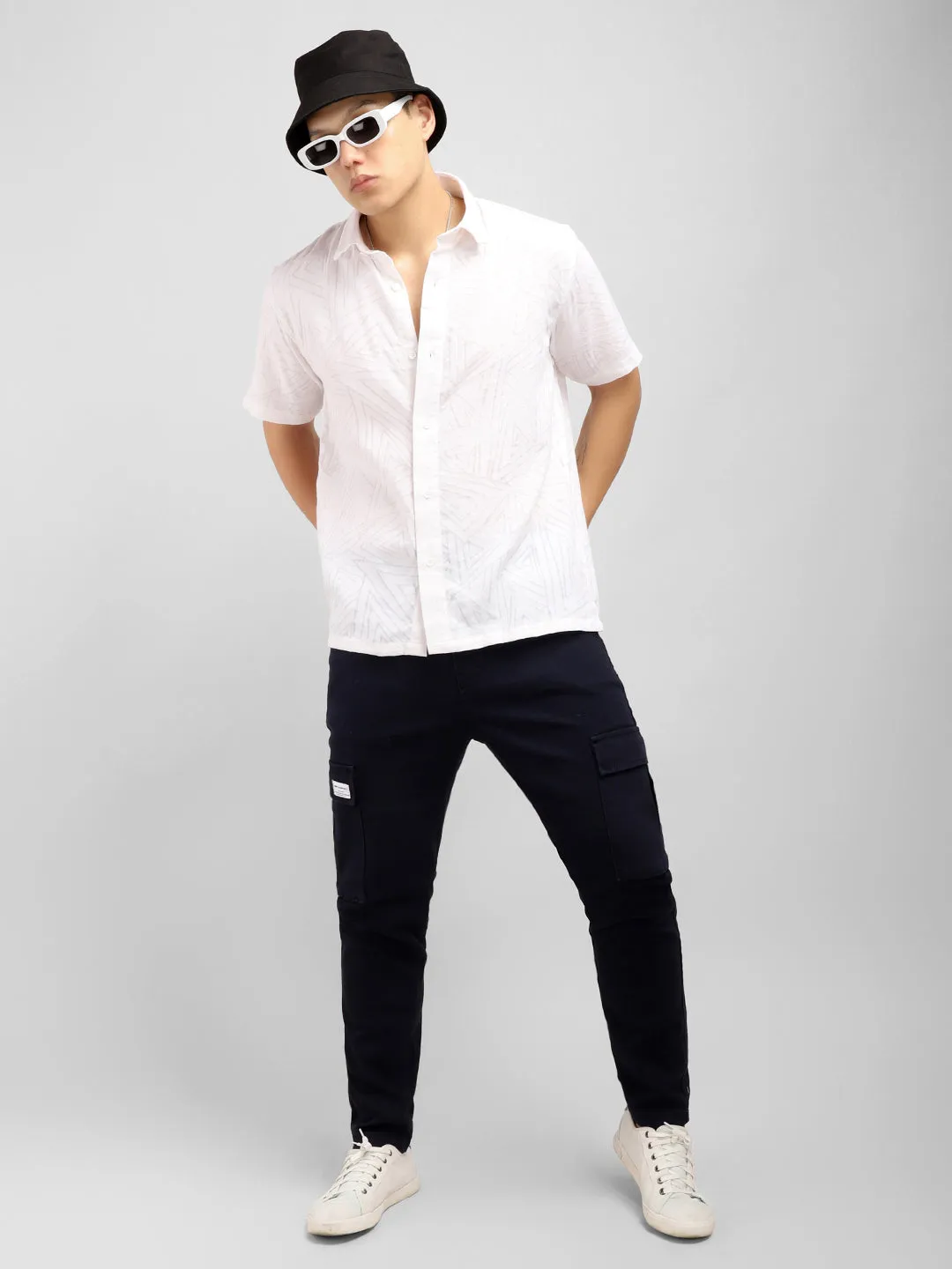 Slumberquilt White Self-Design Half Sleeve Shirt