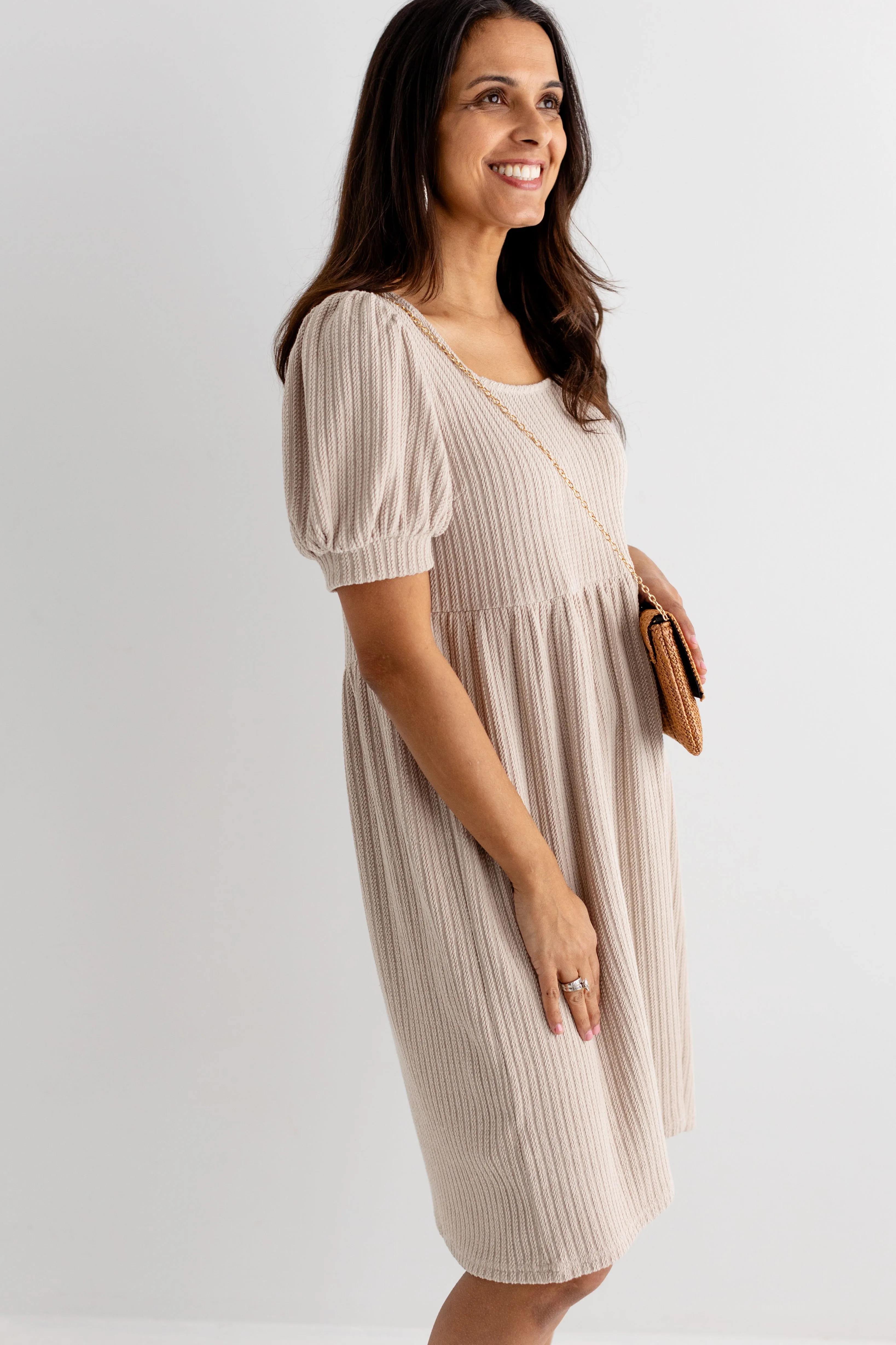 'Sparrow' Puff Sleeve Textured Knit Midi Dress in Beige