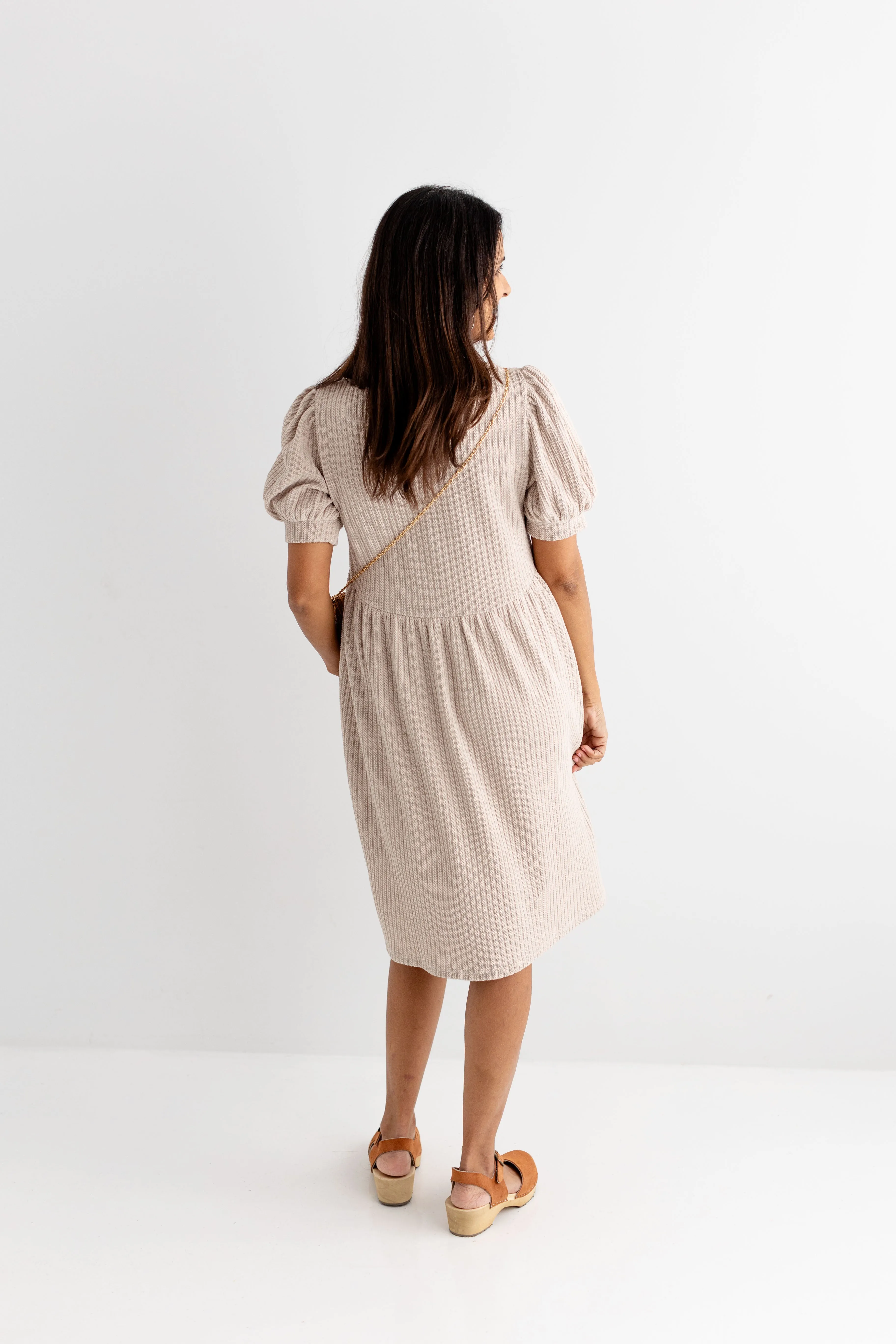 'Sparrow' Puff Sleeve Textured Knit Midi Dress in Beige