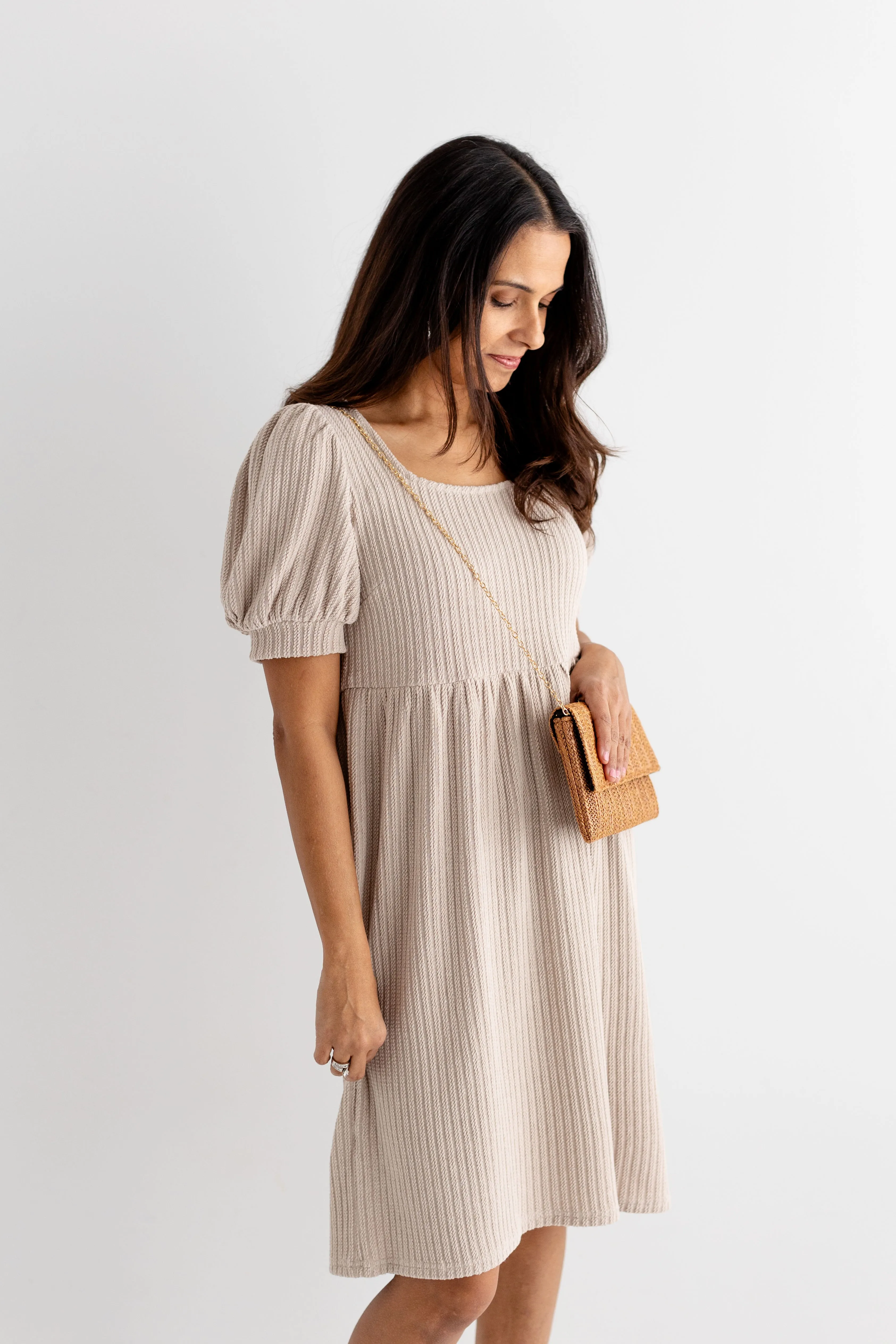 'Sparrow' Puff Sleeve Textured Knit Midi Dress in Beige