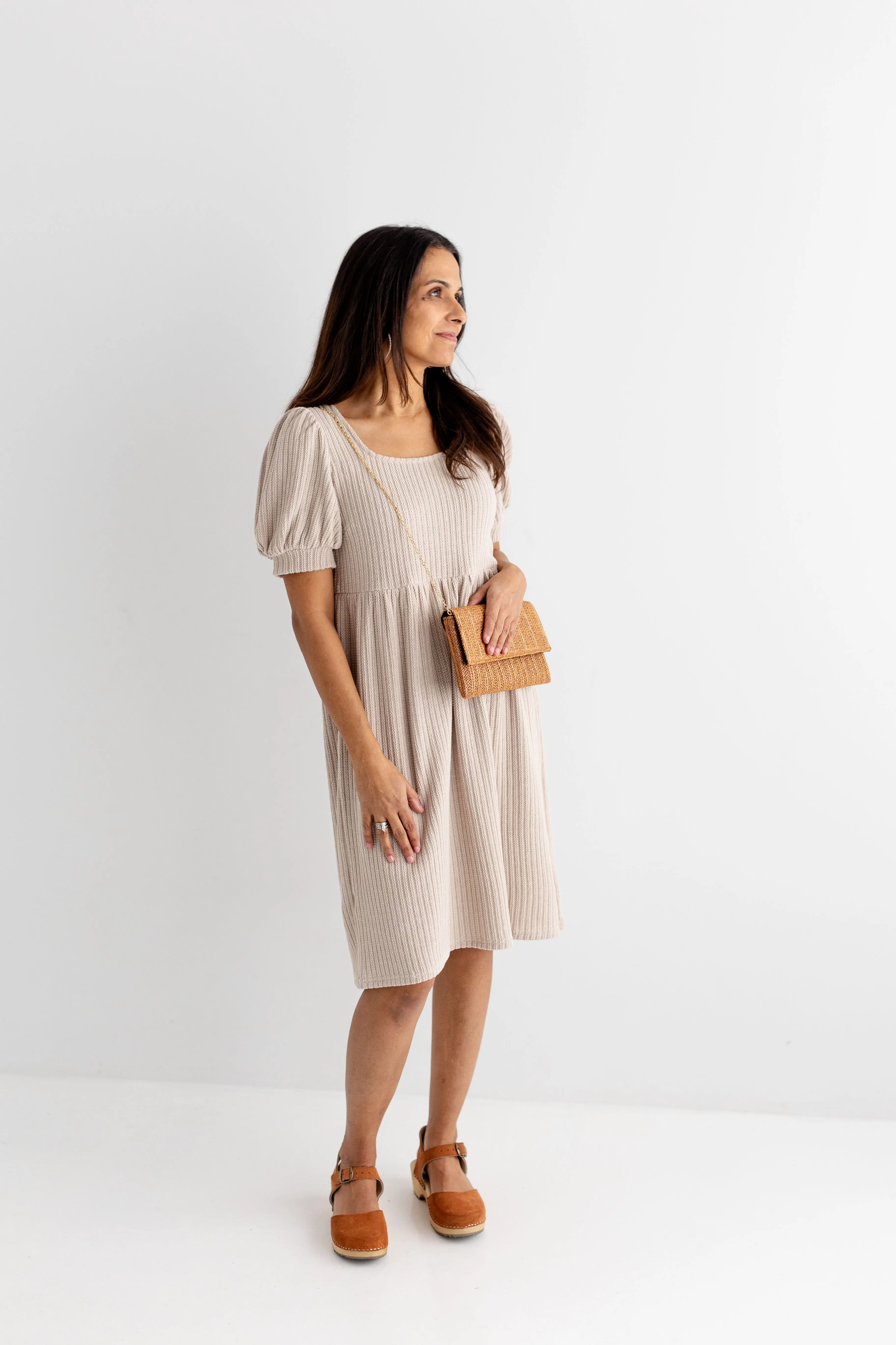 'Sparrow' Puff Sleeve Textured Knit Midi Dress in Beige
