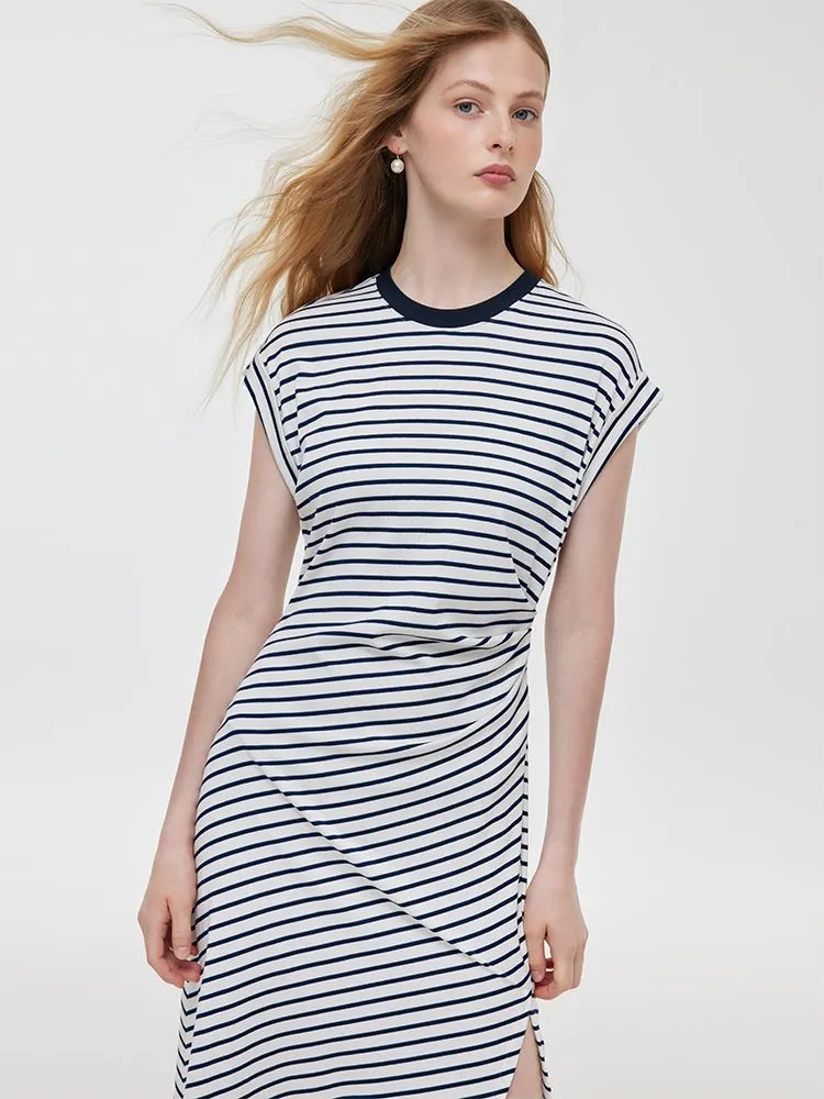Striped Slit Ruched Women Midi Dress