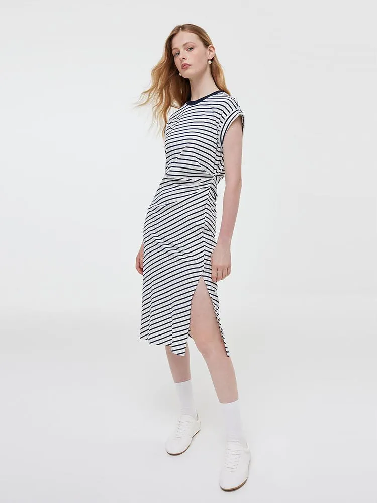 Striped Slit Ruched Women Midi Dress