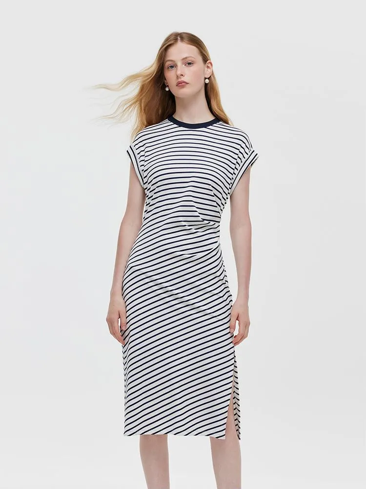 Striped Slit Ruched Women Midi Dress