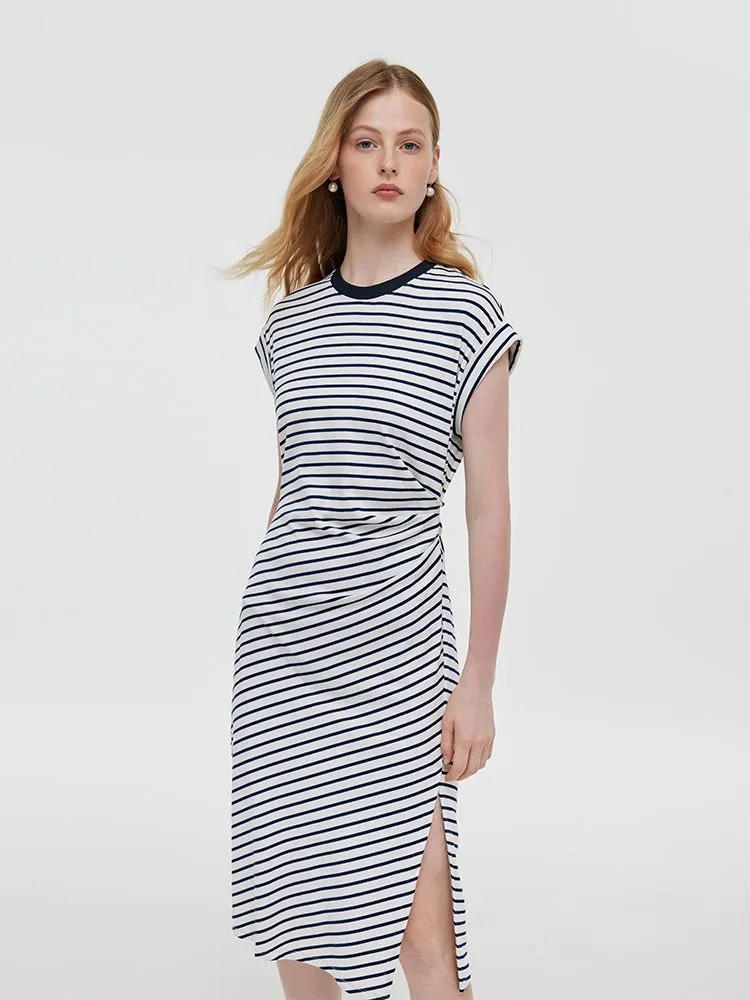Striped Slit Ruched Women Midi Dress