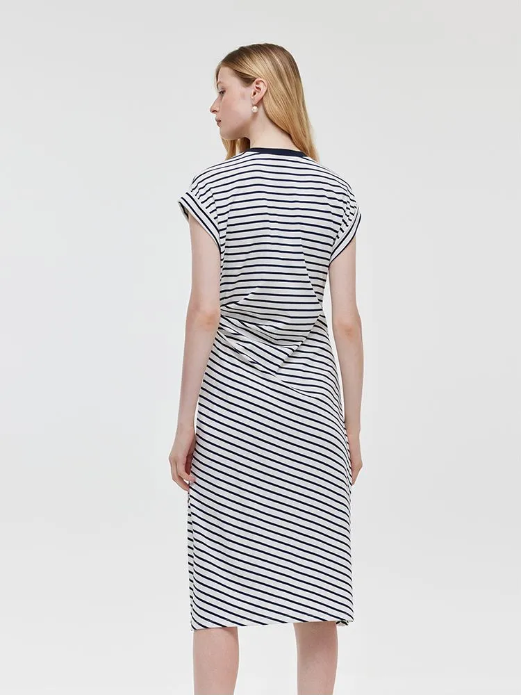 Striped Slit Ruched Women Midi Dress