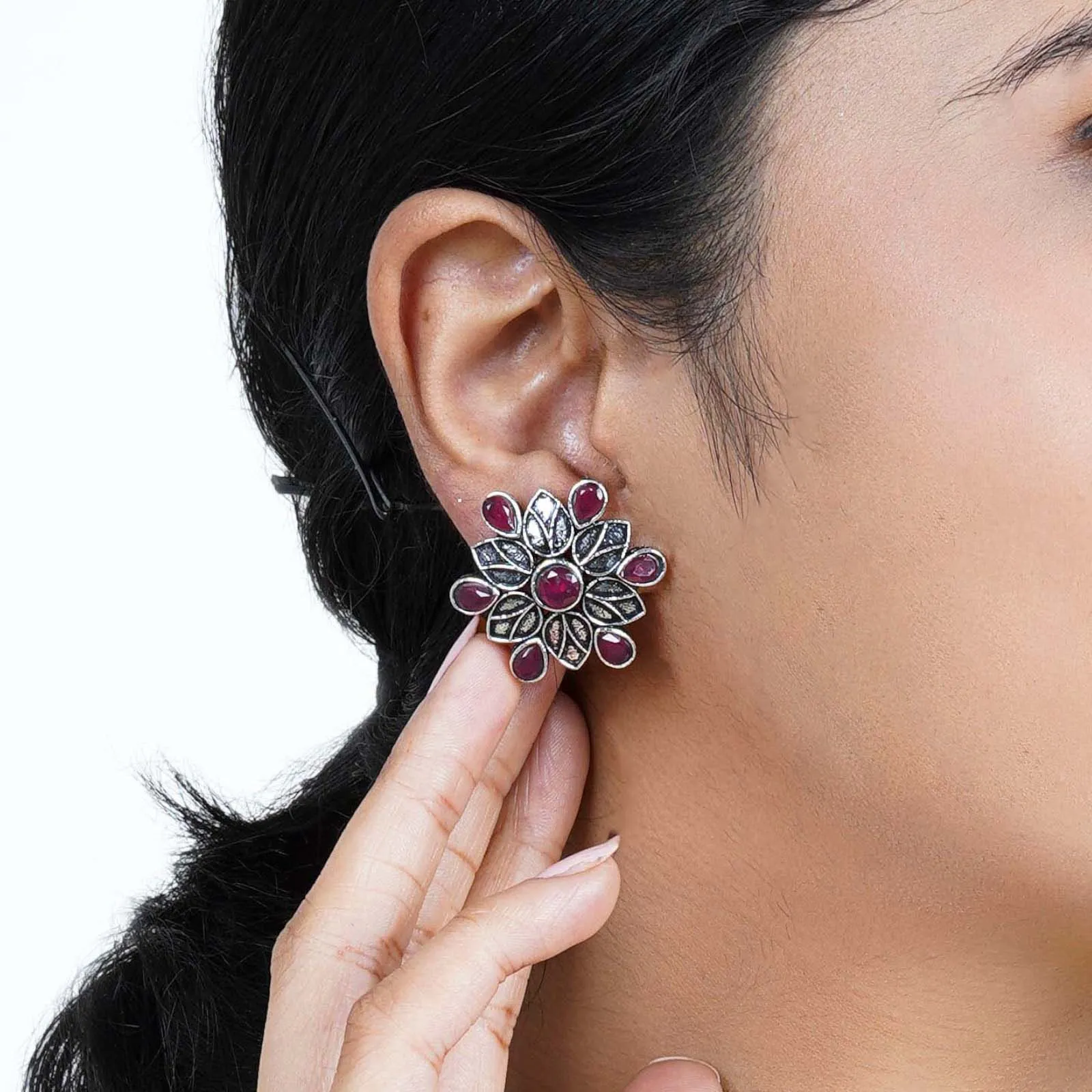 Teejh Aashini Pink Stone Silver Oxidised Earring