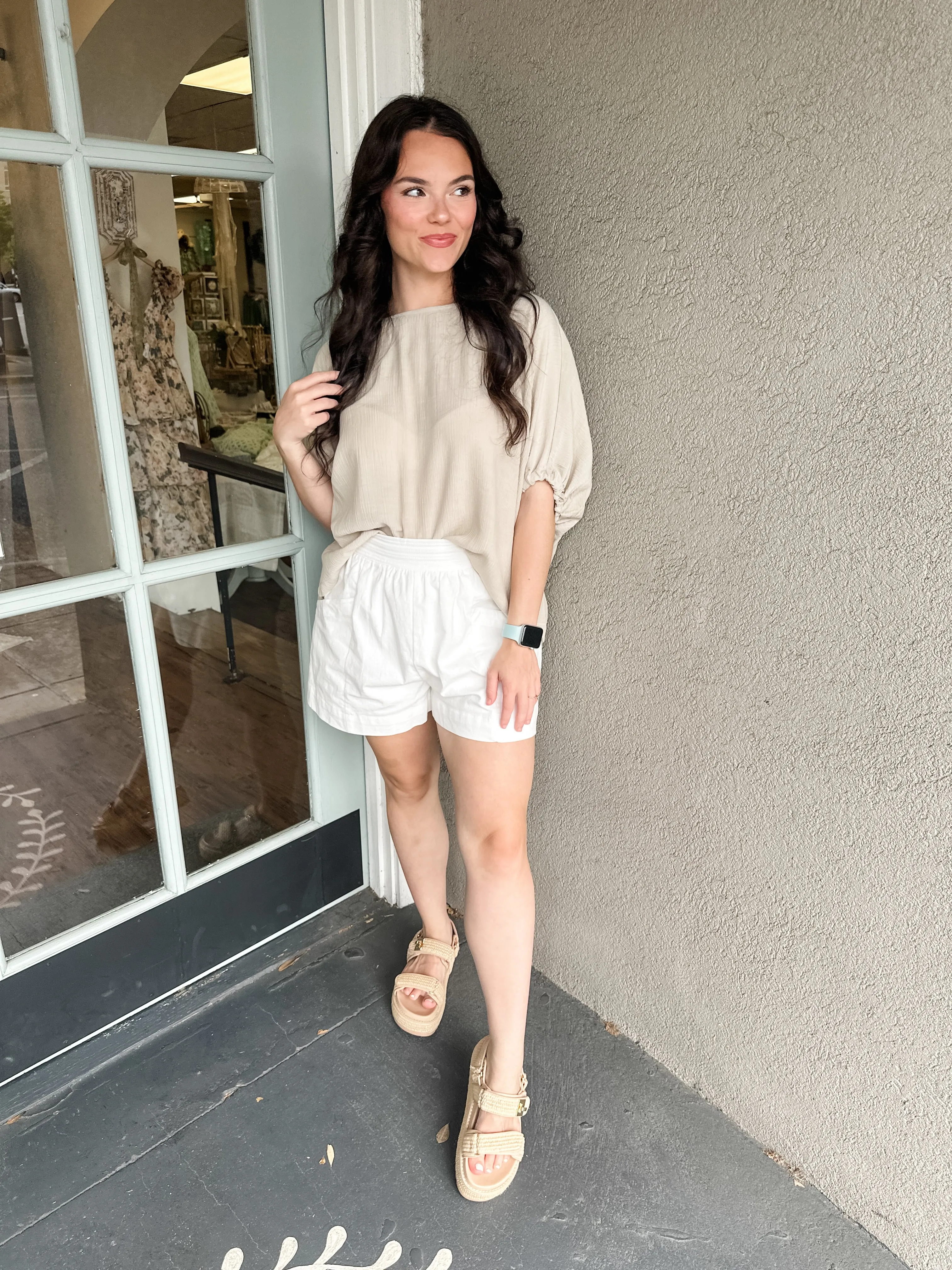 Textured Elastic Puff Sleeve Top