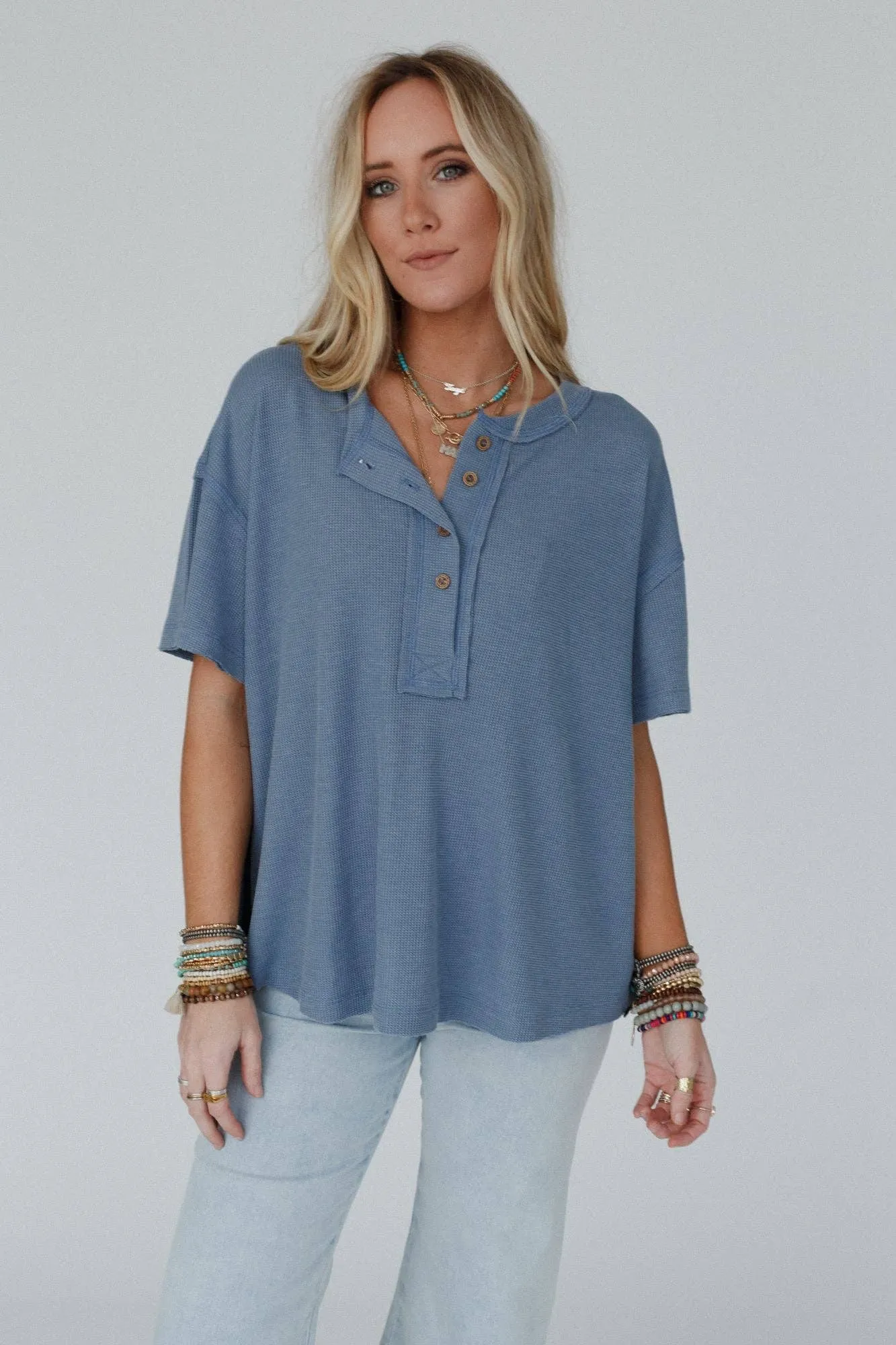Three Bird Nest Soft Plume Henley Top - Blue Slate
