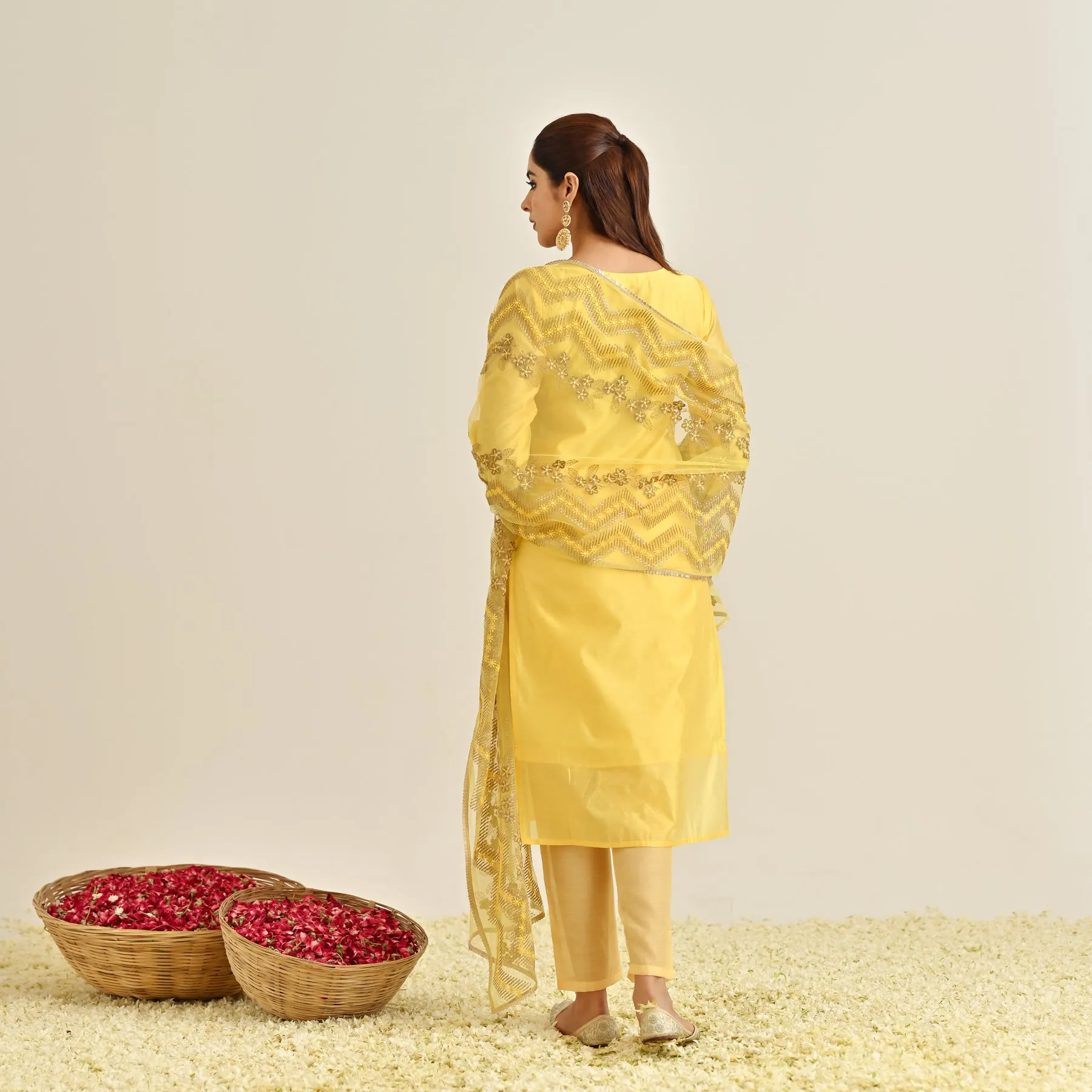 Yellow Festive Embroidered Kurta Set with Embroidered Dupatta & Yoke Detail