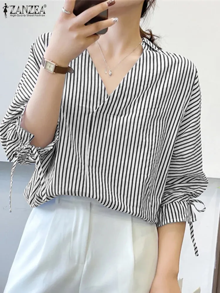 ZANZEA Office Striped Loose Blouse 2023 Turn-down Collar Top Oversized Women Long Sleeve Shirt Vintage Button-up Blusa Femininas
