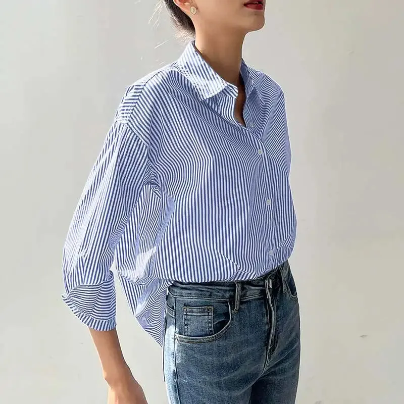 ZANZEA Office Striped Loose Blouse 2023 Turn-down Collar Top Oversized Women Long Sleeve Shirt Vintage Button-up Blusa Femininas
