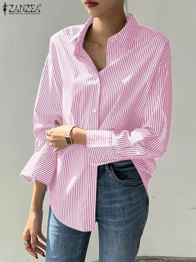 ZANZEA Office Striped Loose Blouse 2023 Turn-down Collar Top Oversized Women Long Sleeve Shirt Vintage Button-up Blusa Femininas
