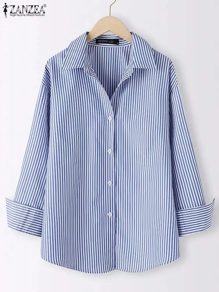 ZANZEA Office Striped Loose Blouse 2023 Turn-down Collar Top Oversized Women Long Sleeve Shirt Vintage Button-up Blusa Femininas