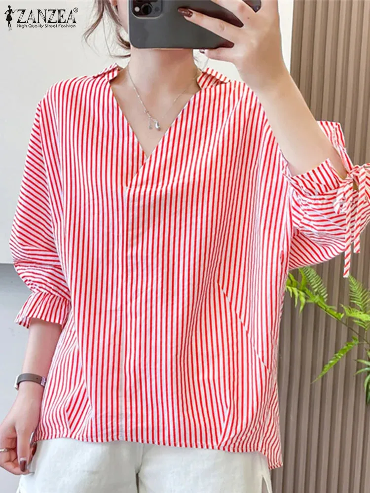 ZANZEA Office Striped Loose Blouse 2023 Turn-down Collar Top Oversized Women Long Sleeve Shirt Vintage Button-up Blusa Femininas