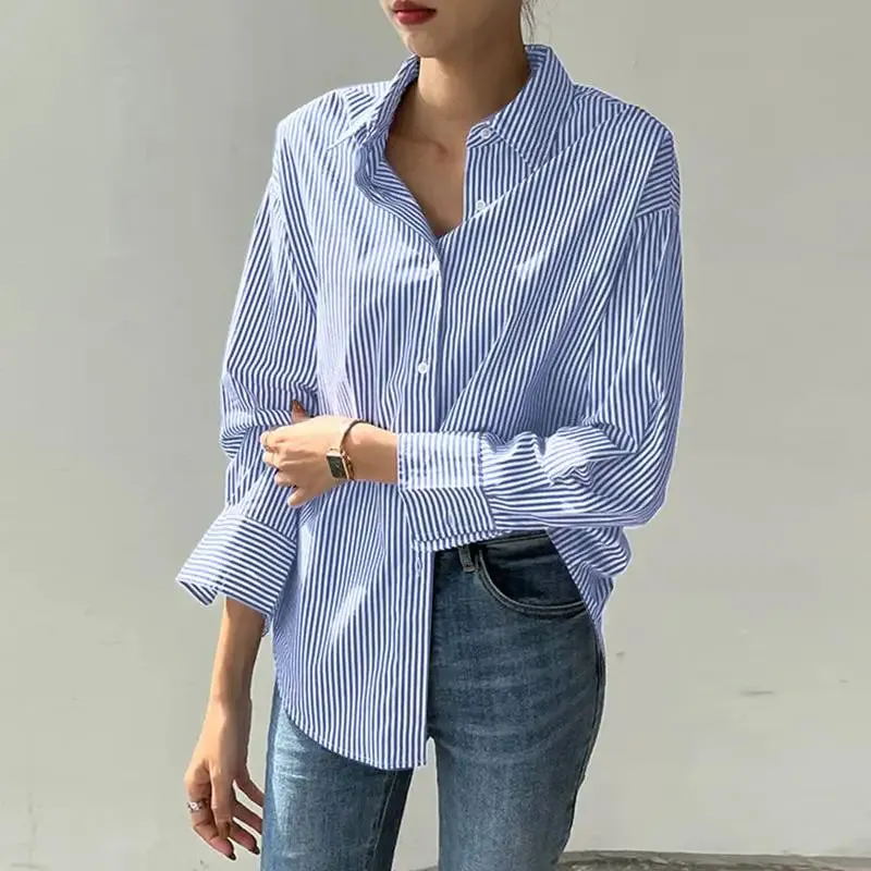 ZANZEA Office Striped Loose Blouse 2023 Turn-down Collar Top Oversized Women Long Sleeve Shirt Vintage Button-up Blusa Femininas