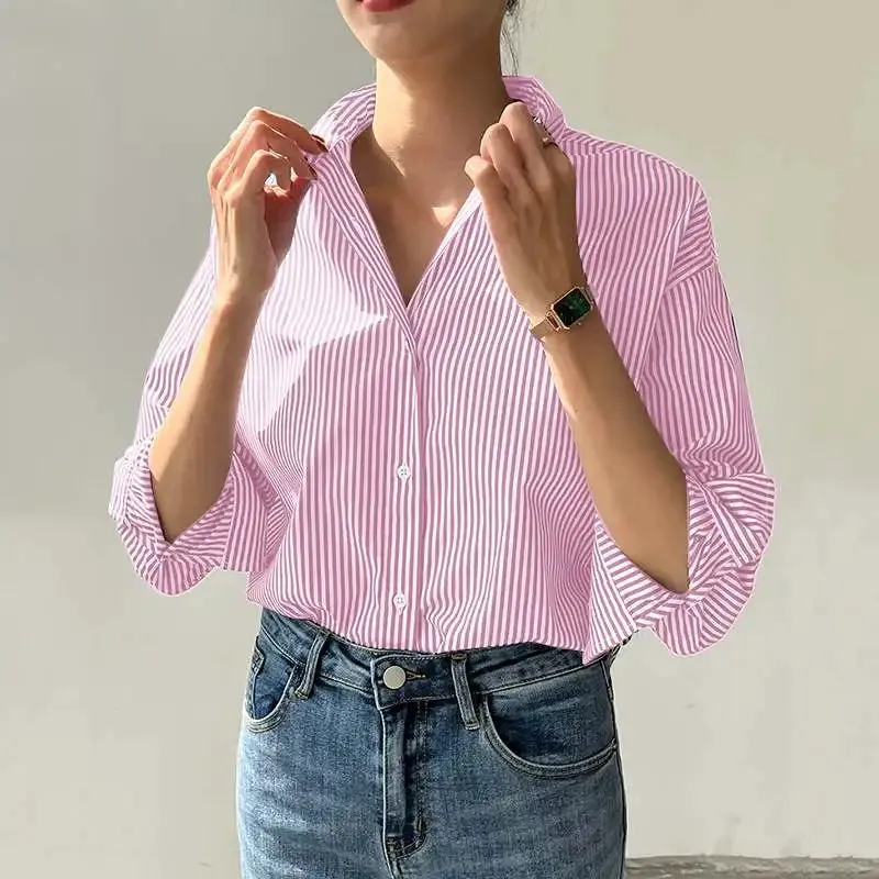 ZANZEA Office Striped Loose Blouse 2023 Turn-down Collar Top Oversized Women Long Sleeve Shirt Vintage Button-up Blusa Femininas