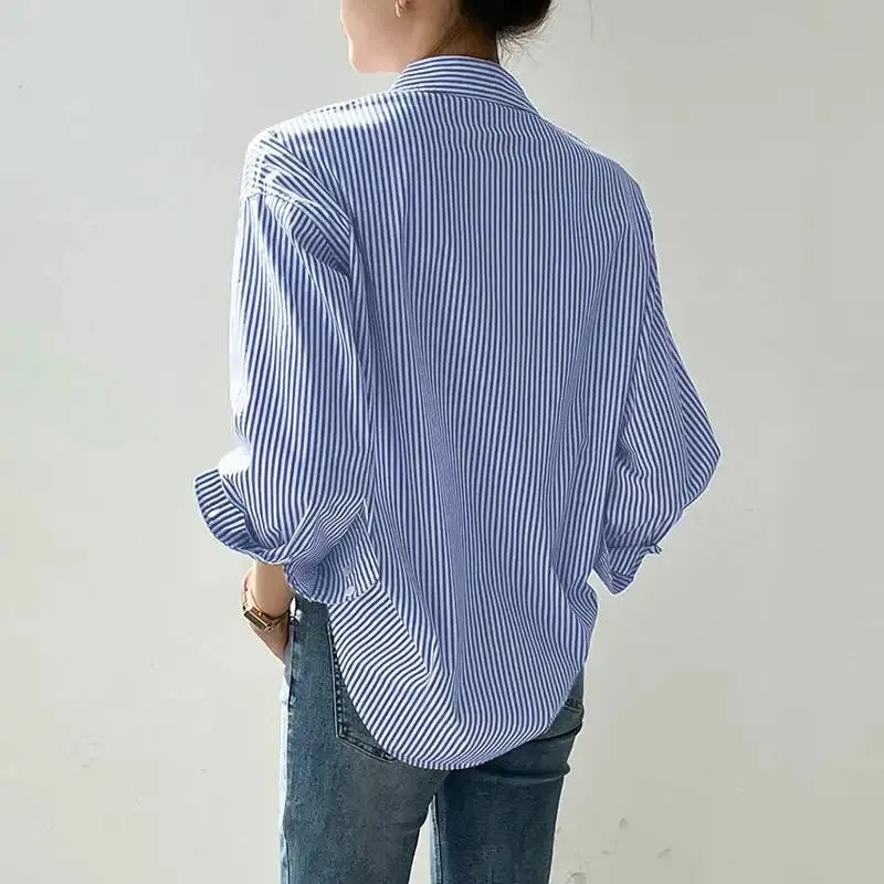 ZANZEA Office Striped Loose Blouse 2023 Turn-down Collar Top Oversized Women Long Sleeve Shirt Vintage Button-up Blusa Femininas