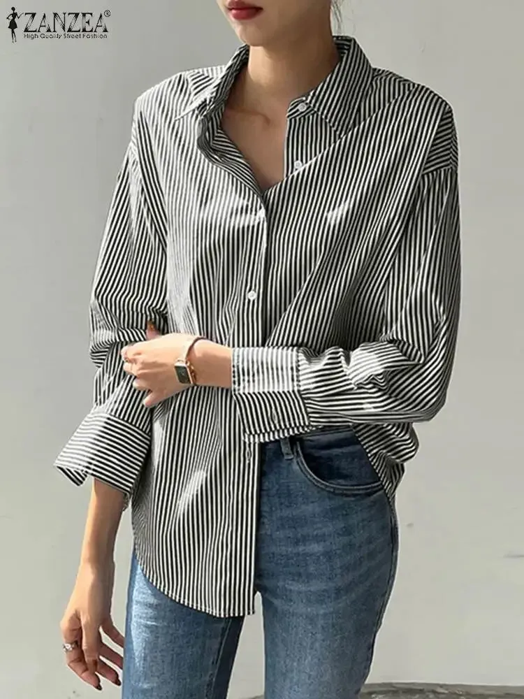 ZANZEA Office Striped Loose Blouse 2023 Turn-down Collar Top Oversized Women Long Sleeve Shirt Vintage Button-up Blusa Femininas